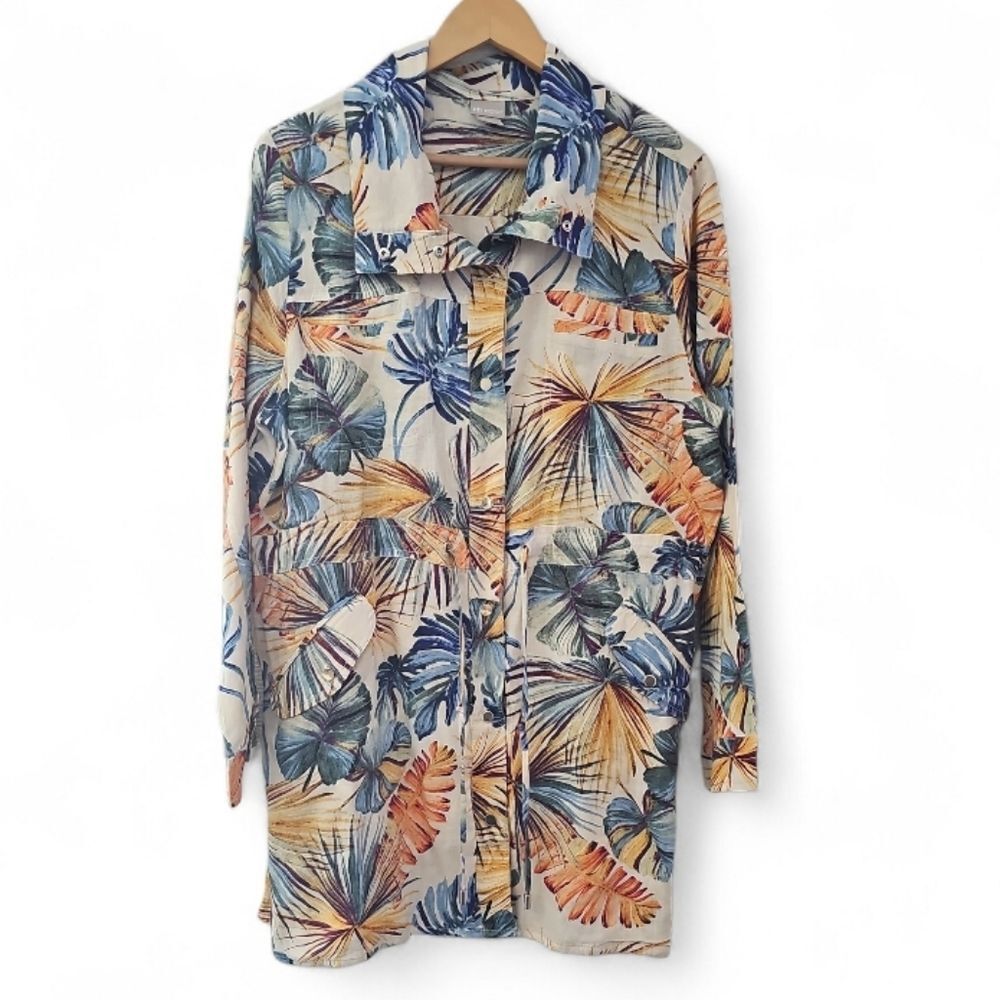 Chico’s 100% Linen Tropical Palm Print Jacket Women’s 3 XL Resort Cruise NWOT